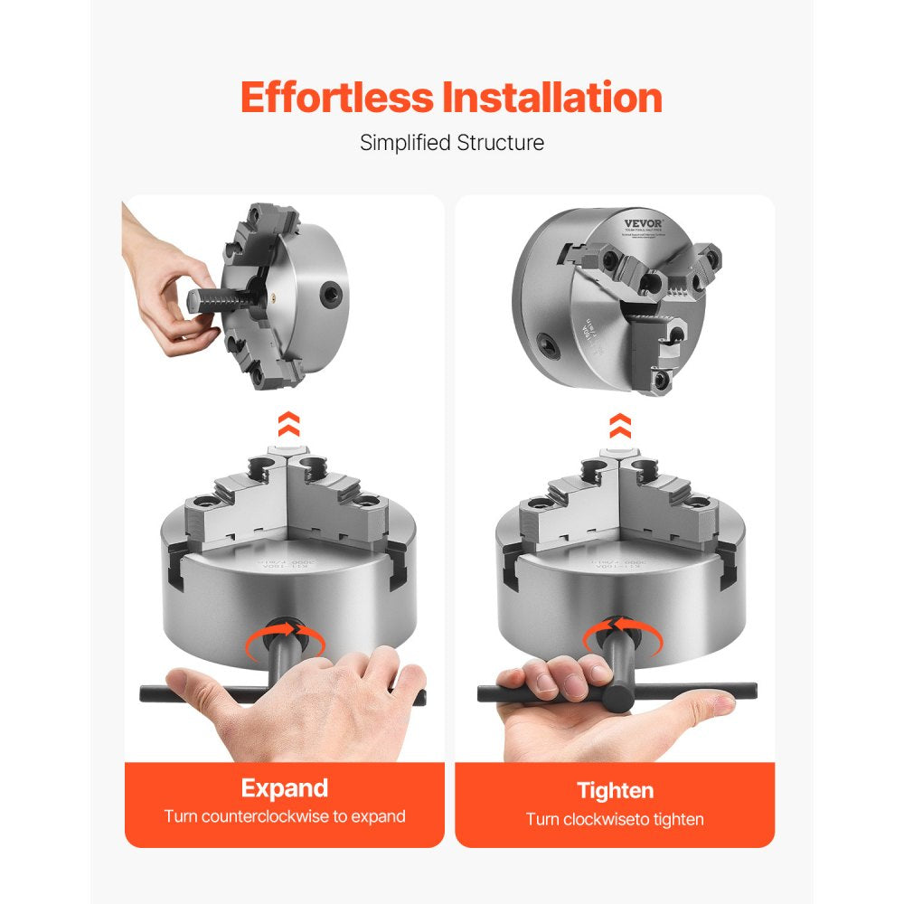 VEVOR 3-Jaw Lathe Chuck, 6 Inch (160 mm), Self-Centering Chuck with 1 1/2 in-8 Threaded Backing Plate, 0.12-5.71 in (3-145 mm) Clamping Range with T-wrench Screws, HT300 Material, for Wood Metal Lathe