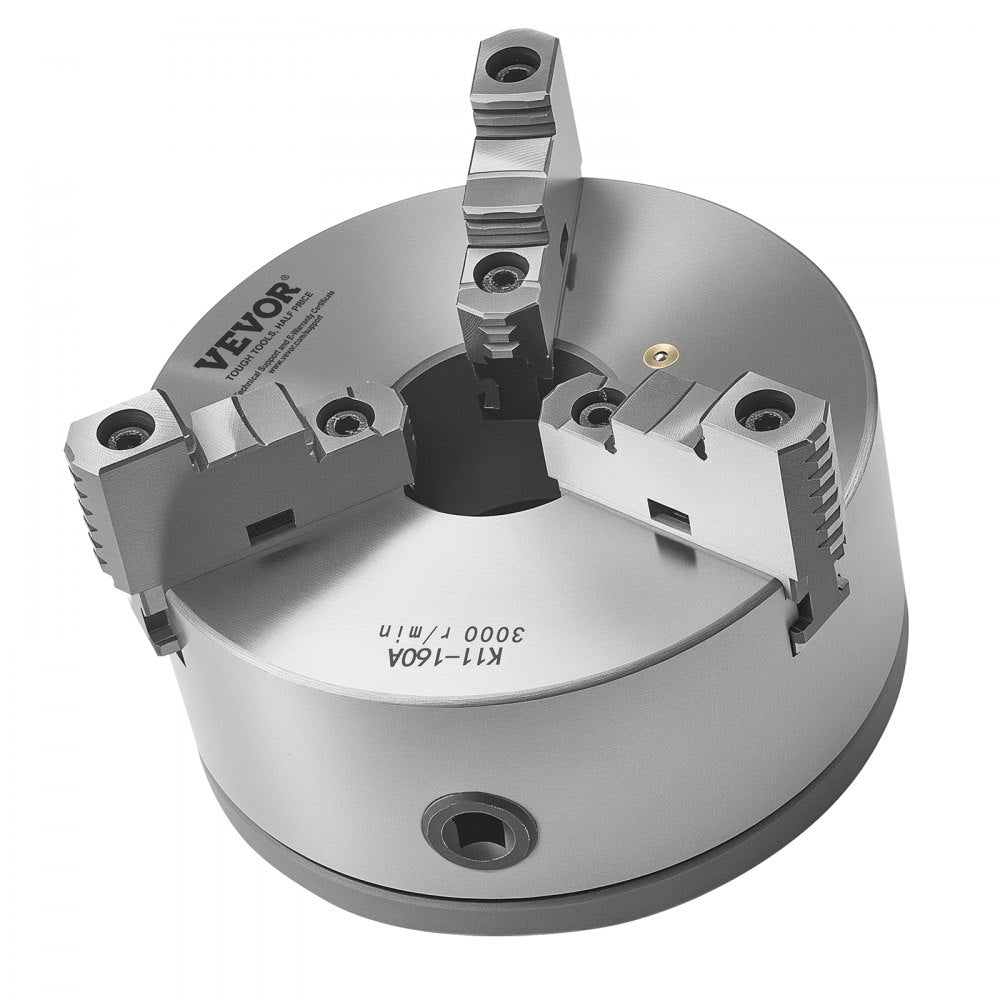 VEVOR 3-Jaw Lathe Chuck, 6 Inch (160 mm), Self-Centering Chuck with 1 1/2 in-8 Threaded Backing Plate, 0.12-5.71 in (3-145 mm) Clamping Range with T-wrench Screws, HT300 Material, for Wood Metal Lathe