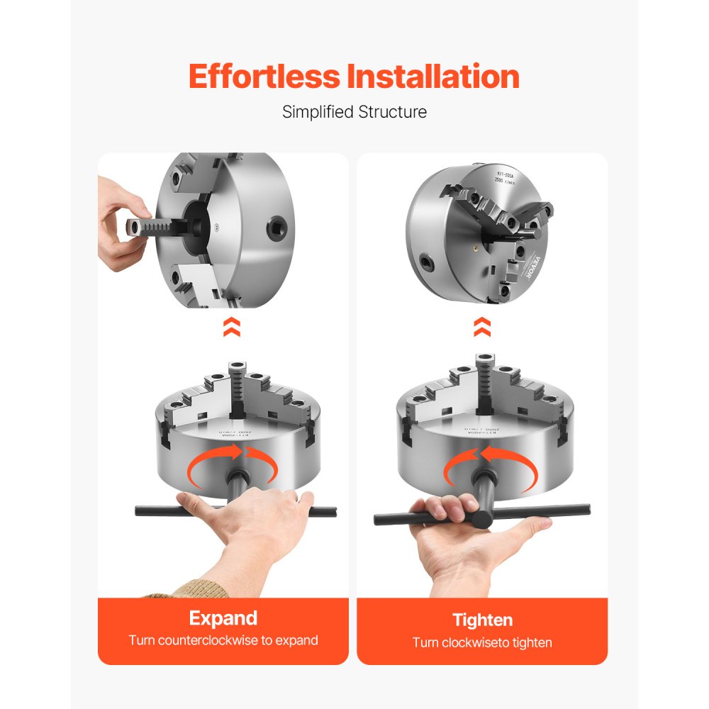 VEVOR 3-Jaw Lathe Chuck, 8 Inch (200 mm), Self-Centering Chuck with 2 1/4 in-8 Threaded Backing Plate, 0.16-7.87 in (4-200 mm) Clamping Range with T-wrench Screws, HT300 Material, for Wood Metal Lathe