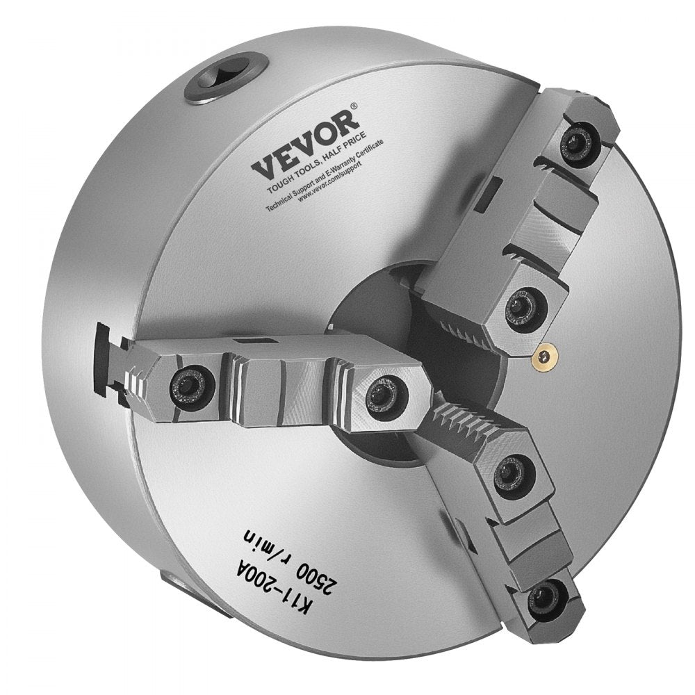 VEVOR 3-Jaw Lathe Chuck, 8 Inch (200 mm), Self-Centering Chuck with 2 1/4 in-8 Threaded Backing Plate, 0.16-7.87 in (4-200 mm) Clamping Range with T-wrench Screws, HT300 Material, for Wood Metal Lathe