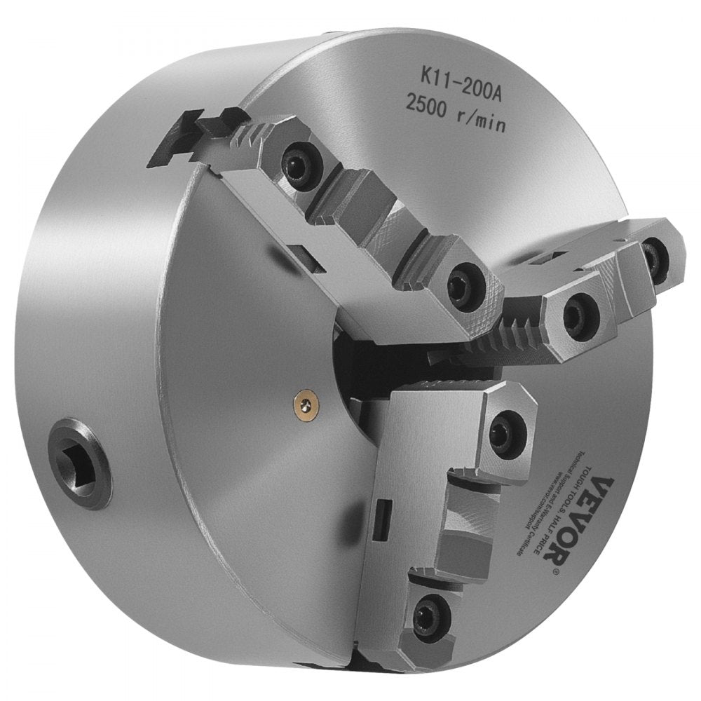 VEVOR 3-Jaw Lathe Chuck, 8 Inch (200 mm), Self-Centering Chuck with 2 1/4 in-8 Threaded Backing Plate, 0.16-7.87 in (4-200 mm) Clamping Range with T-wrench Screws, HT300 Material, for Wood Metal Lathe