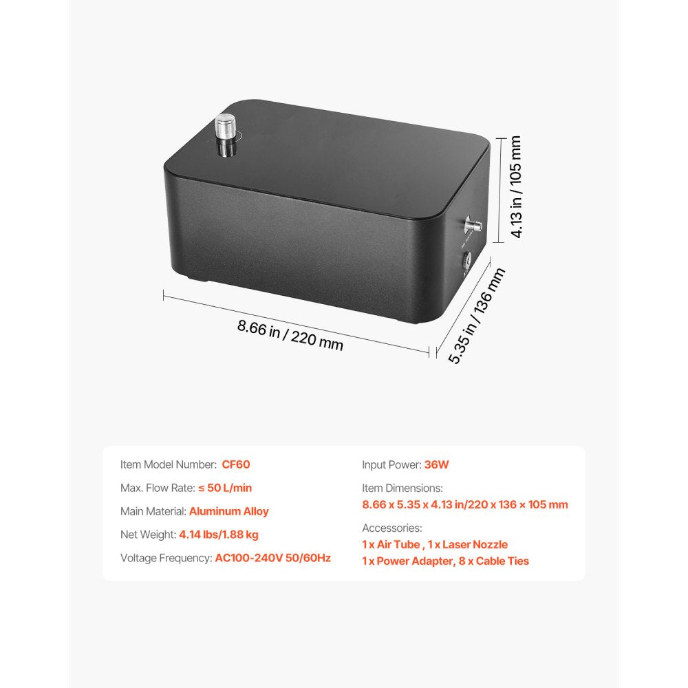 VEVOR Air Assist, Adjustable 50 L/min Airflow, Air Assist Pump Kit for Laser Cutter and Engraver, Clear Smoke and Dust, Reduce Surface Temperature, Shield Laser Lens, for Laser Engraver ≥ 20W