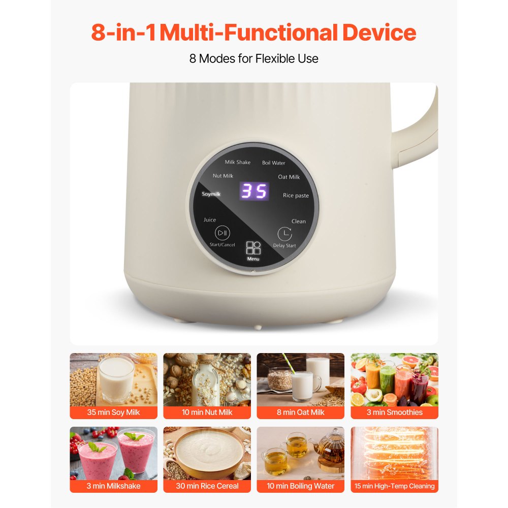 VEVOR 8-in-1 Nut Milk Maker, 41 oz Soy Milk Maker Machine with 10 Blades, for Homemade Oat, Nut, Soy, Juice, Milkshake, Rice Cereal, Plant-Based Beverages with Self-Cleaning, Boil Water, 12-Hour Delay