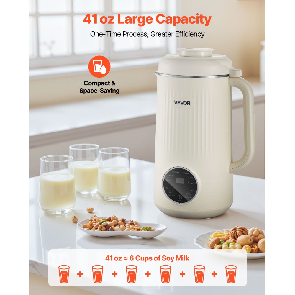 VEVOR 8-in-1 Nut Milk Maker, 41 oz Soy Milk Maker Machine with 10 Blades, for Homemade Oat, Nut, Soy, Juice, Milkshake, Rice Cereal, Plant-Based Beverages with Self-Cleaning, Boil Water, 12-Hour Delay