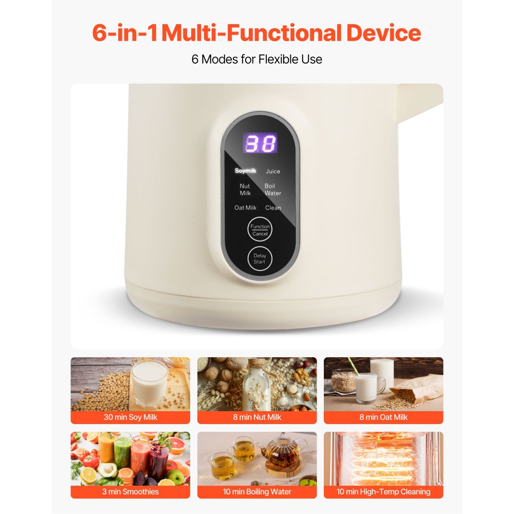 VEVOR 6-in-1 Nut Milk Maker, 20 oz Soy Milk Maker Machine with 6 Blades, for Homemade Oat, Nut, Soy, Juice, Plant-Based and Non Dairy Beverages with High-Temp Self-Cleaning, Boil Water, 12-Hour Delay