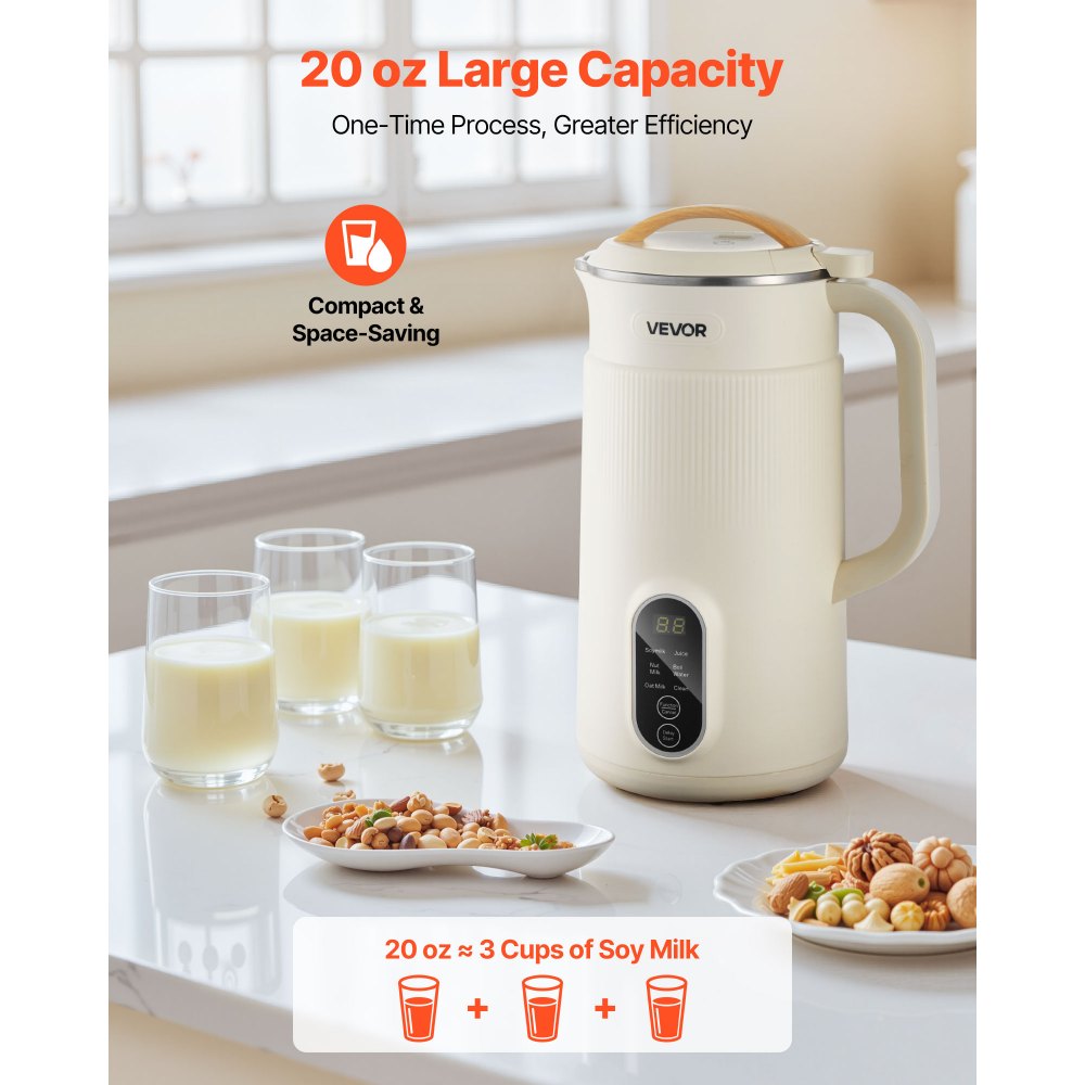 VEVOR 6-in-1 Nut Milk Maker, 20 oz Soy Milk Maker Machine with 6 Blades, for Homemade Oat, Nut, Soy, Juice, Plant-Based and Non Dairy Beverages with High-Temp Self-Cleaning, Boil Water, 12-Hour Delay