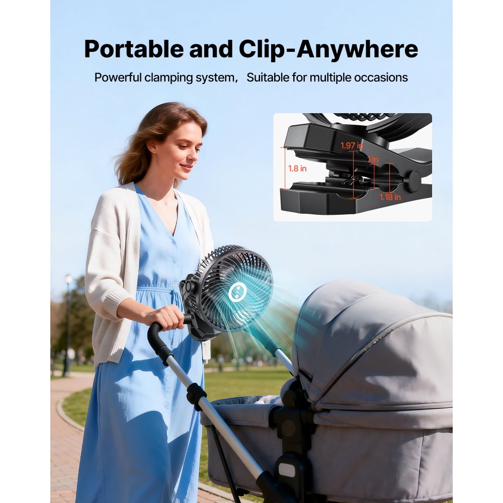 VEVOR Portable Clip Fan, Rechargeable Clip On Fan with Light, USB Port with 3 Speeds & Circulation Mode, Strong Airflow Sturdy Clamp, Long Runtime for Desk, Golf Cart,Outdoor Camping Treadmill,Black