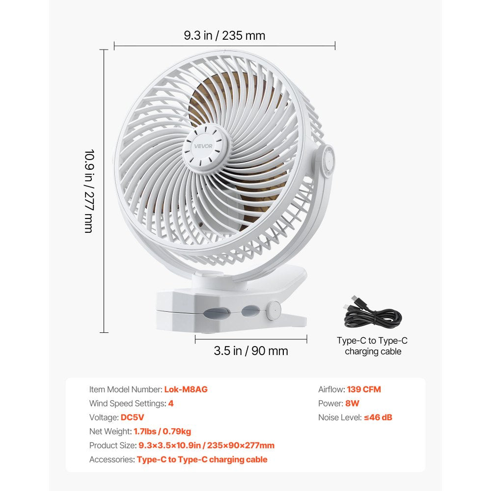 VEVOR Portable Clip Fan, Rechargeable Clip On Fan, USB Port with 3 Speeds & Circulation Mode, Strong Airflow Sturdy Clamp, Long Runtime for Desk, Golf Cart, Outdoor Camping Treadmill, Office, White