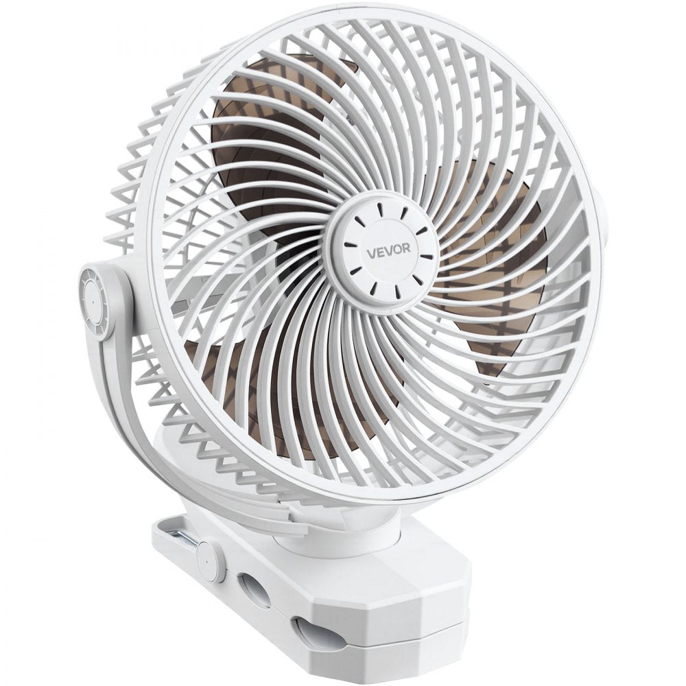 VEVOR Portable Clip Fan, Rechargeable Clip On Fan, USB Port with 3 Speeds & Circulation Mode, Strong Airflow Sturdy Clamp, Long Runtime for Desk, Golf Cart, Outdoor Camping Treadmill, Office, White
