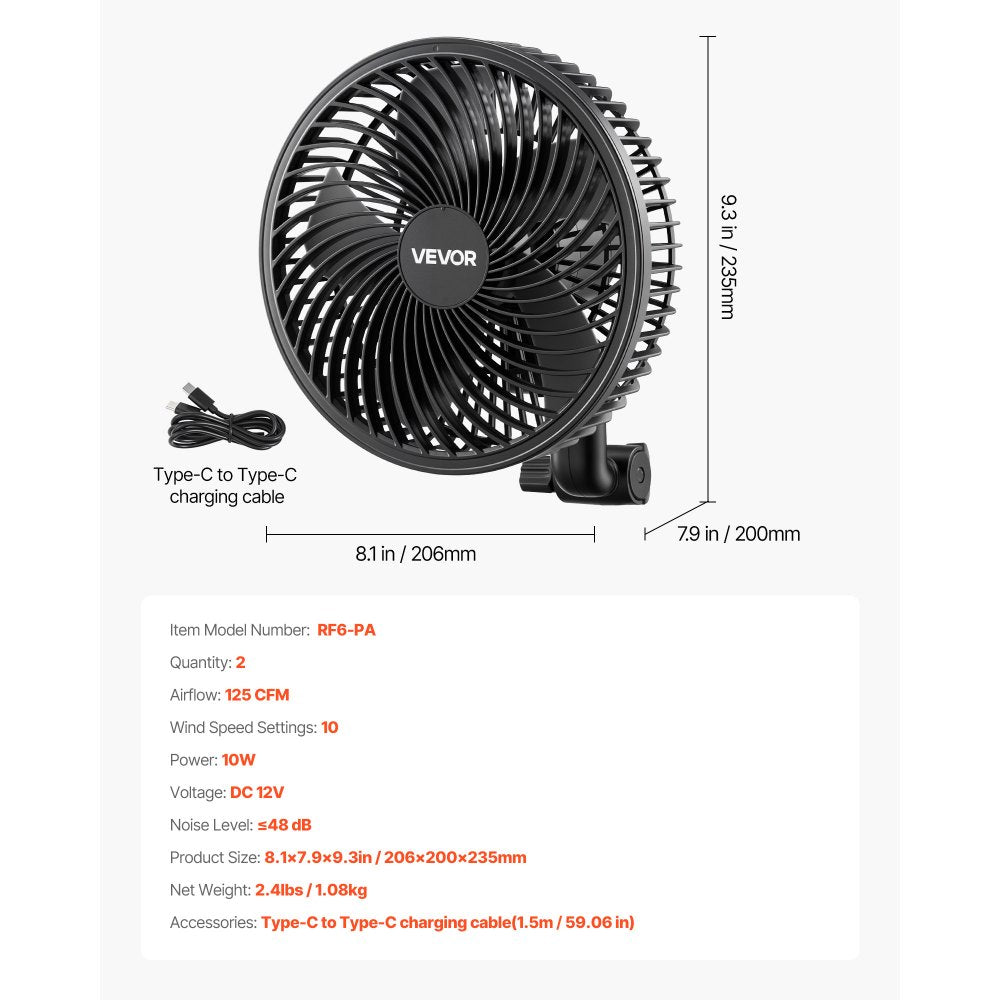 VEVOR Plant Fan, Grow Tent Clip On Fan Rechargeable, USB Port with 9 Speeds & Circulation Mode, Smart Control, Powerful Oscillating, Long Runtime for Hydroponics Circulation Cooling, Black, 2 Pack