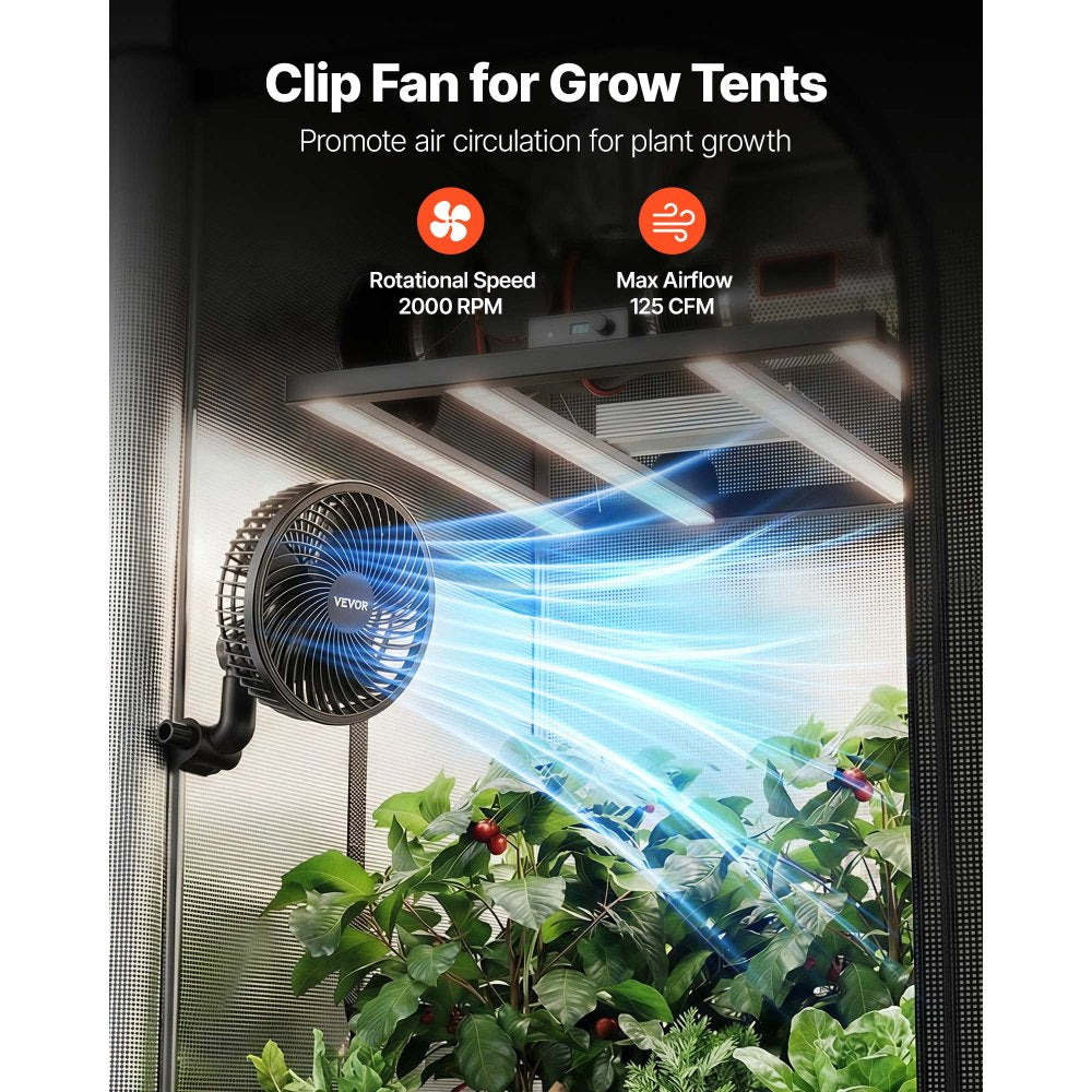 VEVOR Plant Fan, Grow Tent Clip On Fan Rechargeable, USB Port with 9 Speeds & Circulation Mode, Smart Control, Powerful Oscillating, Long Runtime for Hydroponics Circulation Cooling, Black, 1 Pack