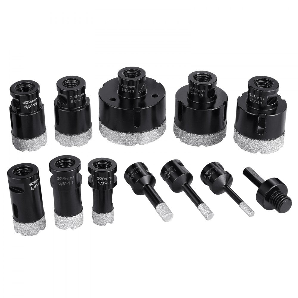 VEVOR Diamond Core Drill Bit Set, 11 PCS 6/8/10/20/25/28/32/35/45/50/65mm Diamond Hole Saw Kit, with 5/8"-11 Connector and Storage Case, for Dry and Wet, Diamond Drill Bits for Ceramic Tile