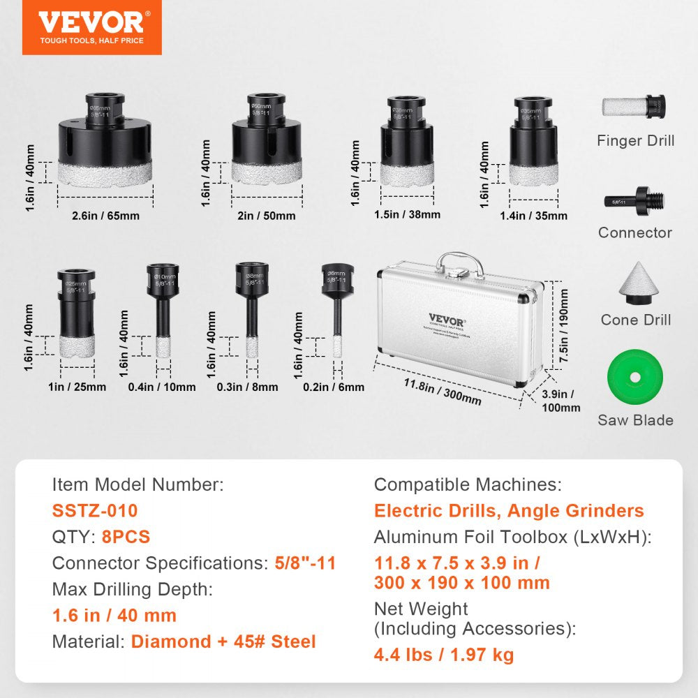 VEVOR Diamond Core Drill Bit Set, 8 PCS 6/8/10/25/35/38/50/65mm Diamond Hole Saw Kit, with Finger Milling Bit Cone Bit Saw Blade and Storage Case, for Dry and Wet, Diamond Drill Bits for Ceramic Tile