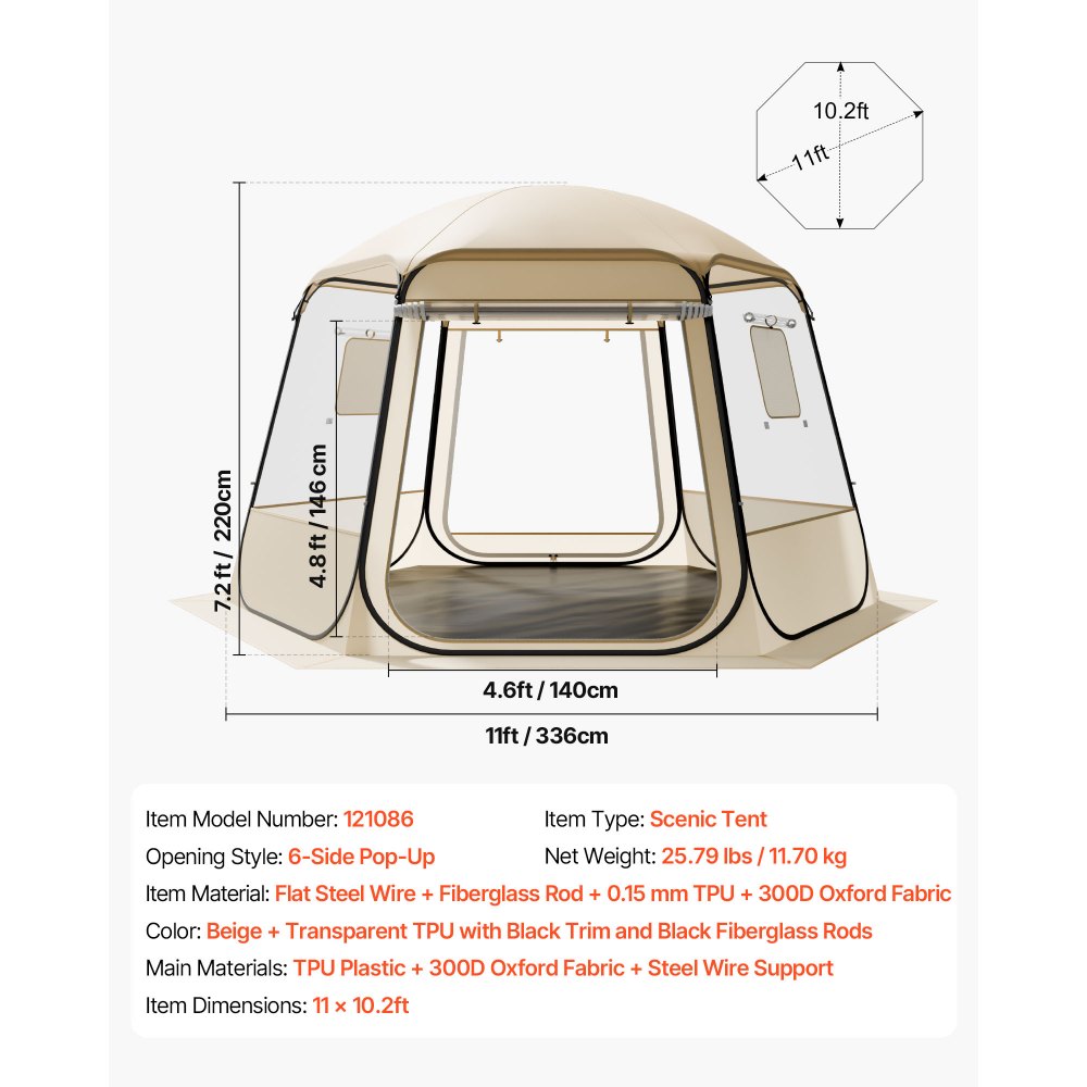 VEVOR Pop up Bubble Tent, 11 x 10.2 ft Waterproof & UV-Resistant, Clear Camping Tent Shelter, Outdoor Garden Dome Igloo Tents with Windows, 540° Panoramic View, for 8-10 Persons Patio Backyard