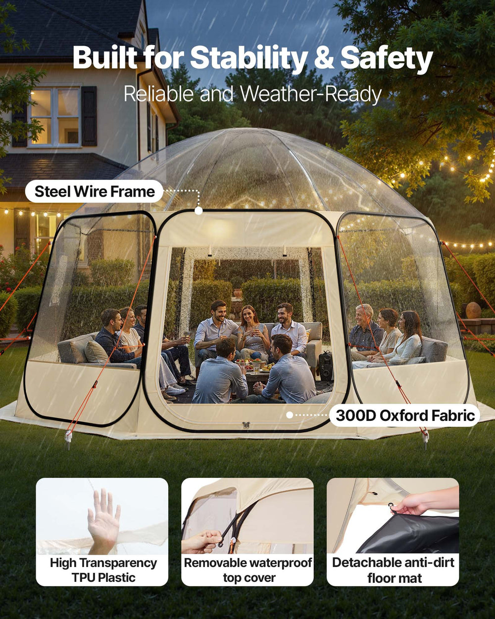 VEVOR Pop up Bubble Tent - stability and materials graphic