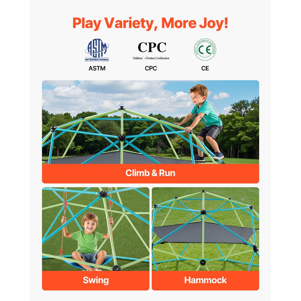 VEVOR Climbing Dome, 10FT Geometric Dome Climber with Swing & Hammock, 1000LBS Loading Kid's Jungle Gym Playground, Easy-Assembly Outdoor Backyard Climbing Equipment for Boys Girls 3 to 10 Years Old