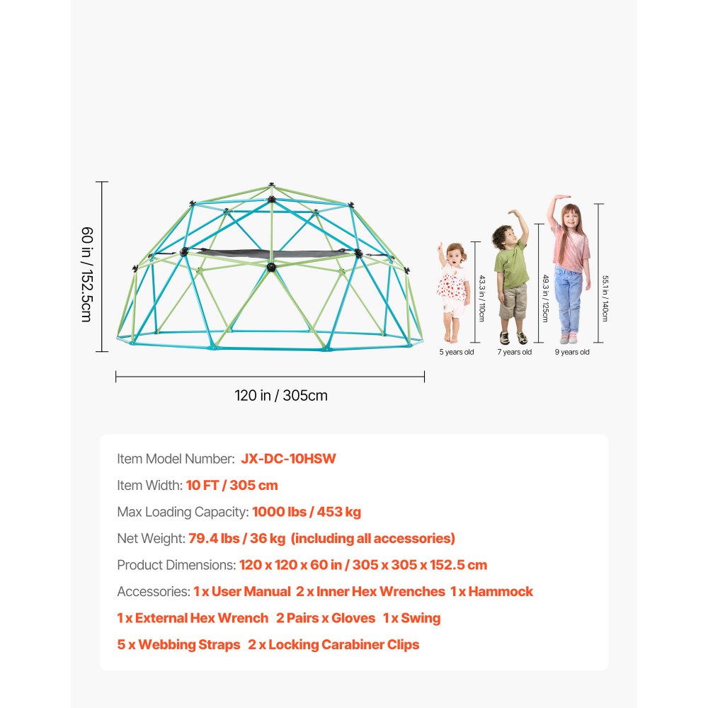 VEVOR Climbing Dome, 10FT Geometric Dome Climber with Swing & Hammock, 1000LBS Loading Kid's Jungle Gym Playground, Easy-Assembly Outdoor Backyard Climbing Equipment for Boys Girls 3 to 10 Years Old