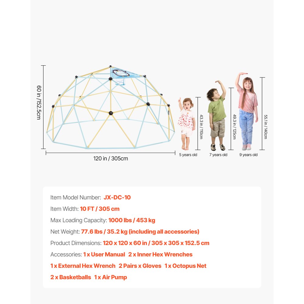 VEVOR Climbing Dome, 10FT Geometric Dome Climber, 1000LBS Loading Jungle Gym Playground with 2 Basketballs & Octopus Net, Easy-Assembly Outdoor Backyard Climbing Equipment for Kids 3 to 10 Years Old