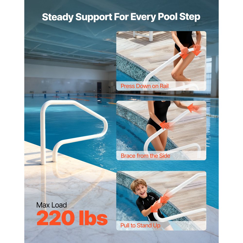 VEVOR Pool Rail, 48 x 32 inch Pool Handrail, 220 lbs Load Capacity Heavy Duty Stainless Steel Swimming Handrail, Seamless Welding, Recessed or Base Mount, for Poolside, Water Parks, Spa Centers