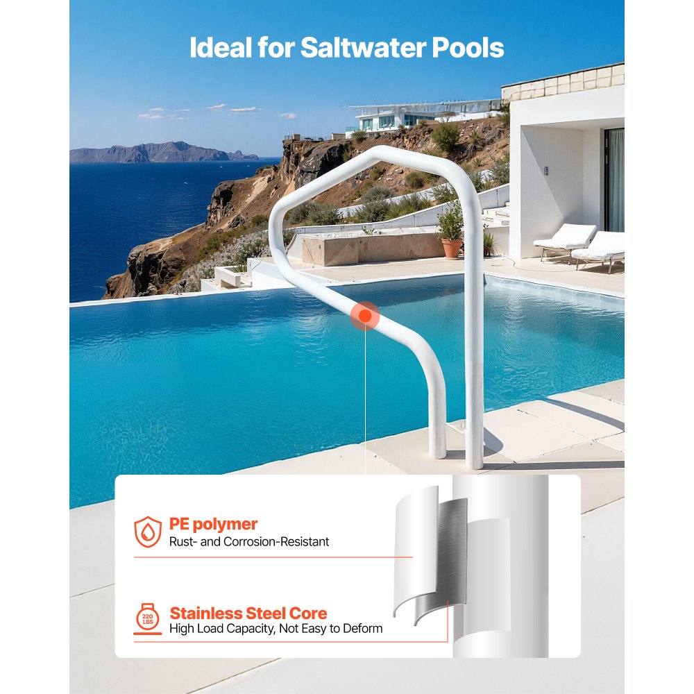VEVOR Pool Rail, 48 x 32 inch Pool Handrail, 220 lbs Load Capacity Heavy Duty Stainless Steel Swimming Handrail, Seamless Welding, Recessed or Base Mount, for Poolside, Water Parks, Spa Centers