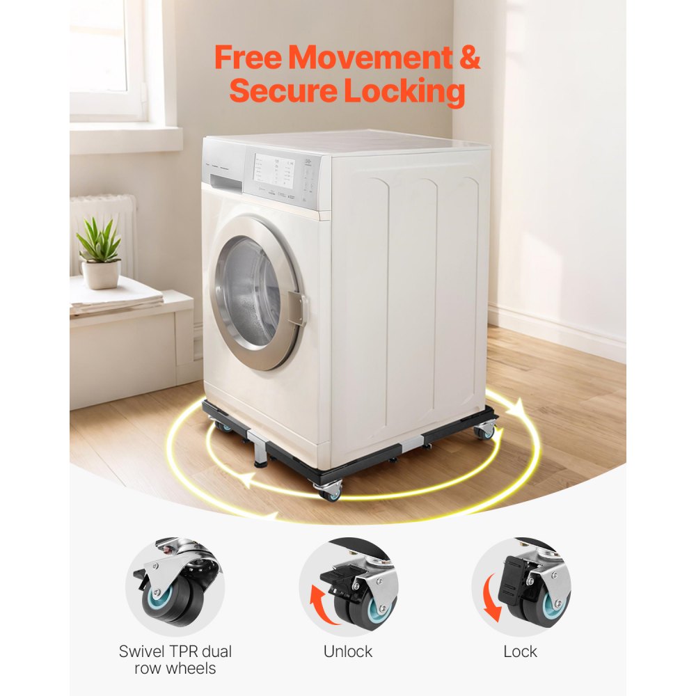 VEVOR Fridge Stand Mobile Base, 1200 lbs Load Capacity, Washing Machine Stand with 8 Locking Twin Wheels and 4 Brakes, 23-36.6 Inches Adjustable Furniture Dolly for Washer, Refrigerator and Dryer