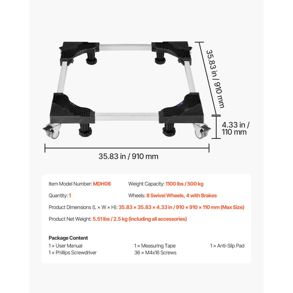 VEVOR Fridge Stand Mobile Base, 1100 lbs Load Capacity, Washing Machine Stand with 8 Locking Twin Wheels and 4 Brakes, 27.5 -35.4 Inches Adjustable Furniture Dolly for Washer, Refrigerator and Dryer