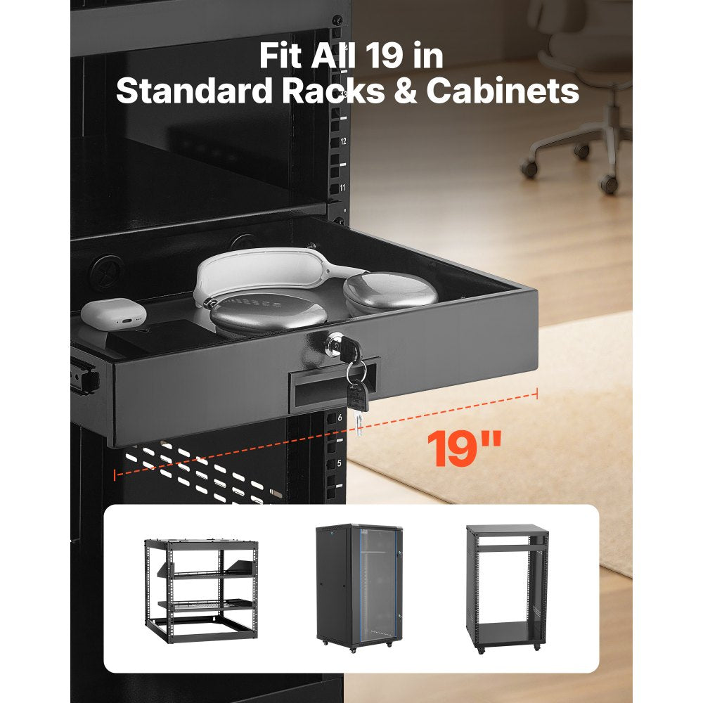 VEVOR 2U Rack Mount Drawer, 50 lbs Max Load-Bearing, Lockable Server Cabinet Case, Sliding Drawer with Lock and Cable Management Holes, for 19 in Network Equipment Server AV Rack or Cabinet Enclosure