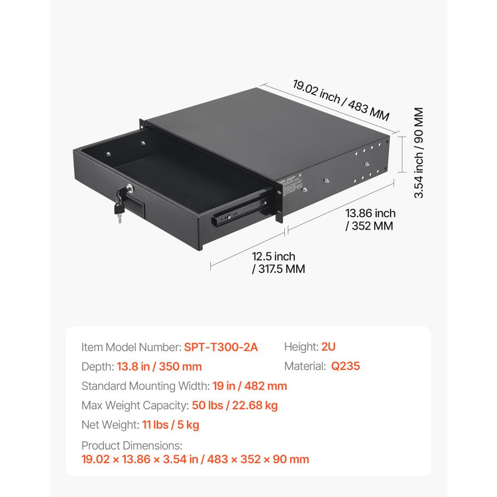 VEVOR 2U Rack Mount Drawer, 50 lbs Max Load-Bearing, Lockable Server Cabinet Case, Sliding Drawer with Lock and Cable Management Holes, for 19 in Network Equipment Server AV Rack or Cabinet Enclosure