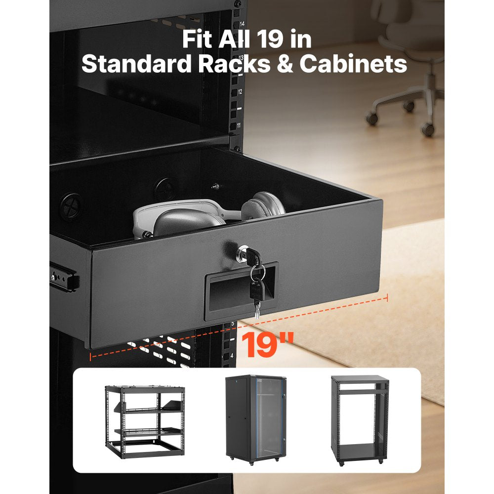 VEVOR 3U Rack Mount Drawer, 50 lbs Max Load-Bearing, Lockable Server Cabinet Case, Sliding Drawer with Lock and Cable Management Holes, for 19 in Network Equipment Server AV Rack or Cabinet Enclosure