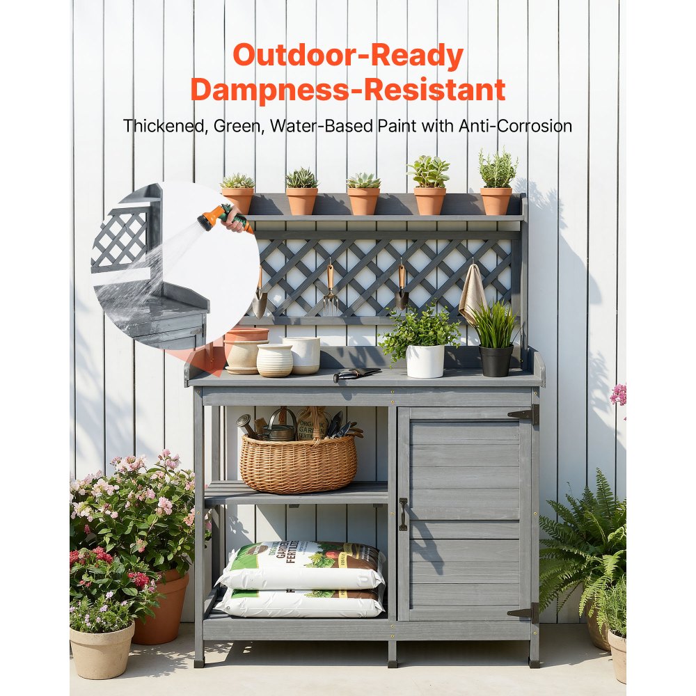VEVOR Potting Bench Table, Outdoor Gardening Wooden Workstation with Storage Cabinet, Storage Shelves, 43 x 18 in Wood Tabletop, Garden Planting Work Station for Patio, Backyard, Balcony, Gray