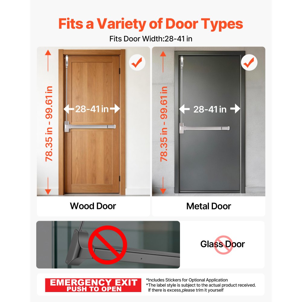 VEVOR Push Bar Panic Exit Device, 28" Stainless Steel Commercial Panic Bar for Exit Doors, Emergency Exit Door Hardware with Vertical Top Rod and Sticker, for 28"-41" Wood or Metal Door, Silver