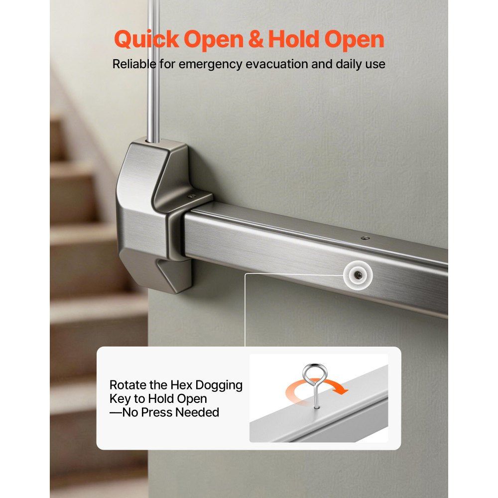 VEVOR Push Bar Panic Exit Device, 28" Stainless Steel Commercial Panic Bar for Exit Doors, Emergency Exit Door Hardware with Vertical Top Rod and Sticker, for 28"-41" Wood or Metal Door, Silver