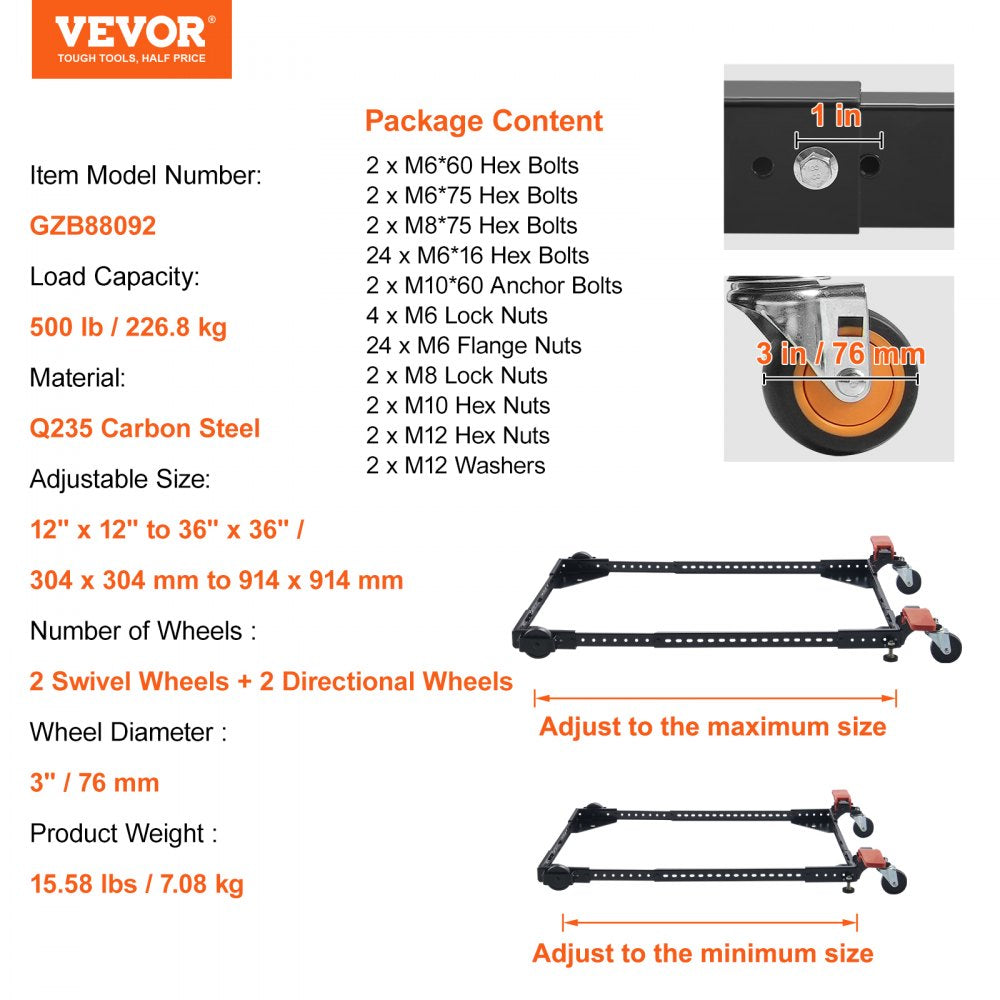 VEVOR Mobile Base, 500 lbs Weight Capacity, Adjustable from 12" x 12" to 36" x 36", Heavy Duty Universal Mobile Base Stand with Swivel Wheels, for Woodworking Equipment, Bandsaw, Power Tools, Machines