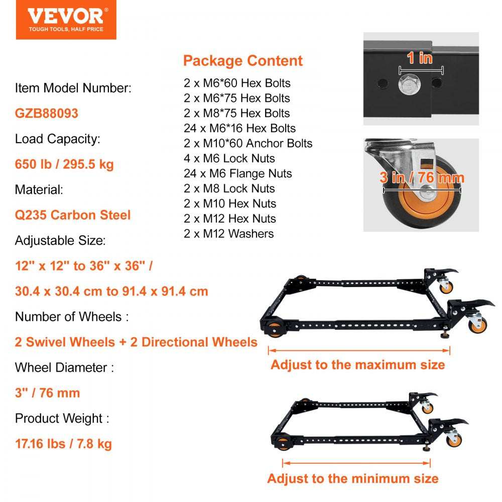 VEVOR Mobile Base, 650 lbs Weight Capacity, Adjustable from 12" x 12" to 36" x 36", Heavy Duty Universal Mobile Base Stand with Swivel Wheels, for Woodworking Equipment, Bandsaw, Power Tools, Machines