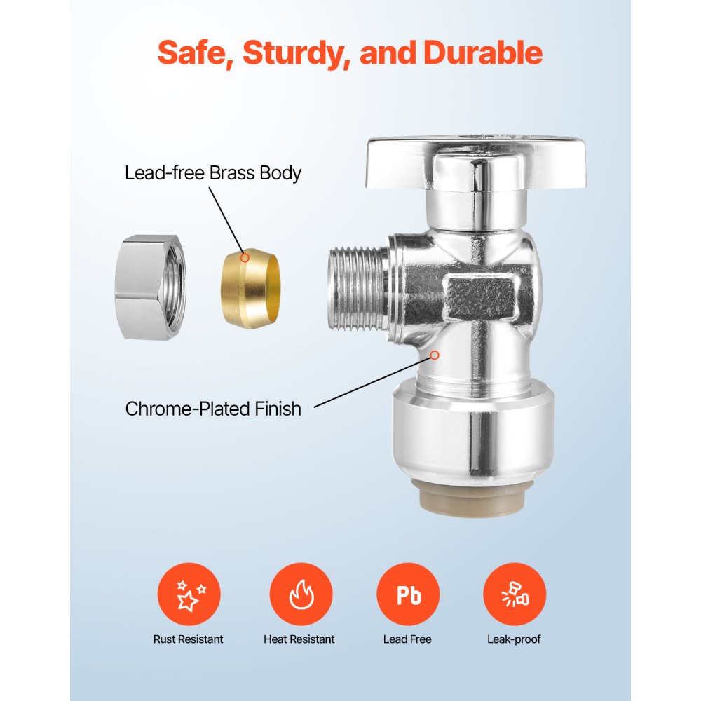VEVOR 10 Pack Angle Stop Valve, Push-to-Connect Water Shut Off Valve 1/2" PTC x 3/8" OD Compression, 1/4 Turn Chrome Plated Brass Shutoff Valves for Copper, CPVC, PE-RT, PEX Pipe