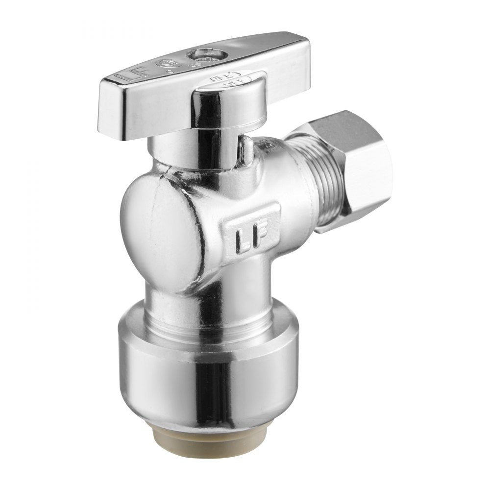 VEVOR 10 Pack Angle Stop Valve, Push-to-Connect Water Shut Off Valve 1/2" PTC x 3/8" OD Compression, 1/4 Turn Chrome Plated Brass Shutoff Valves for Copper, CPVC, PE-RT, PEX Pipe
