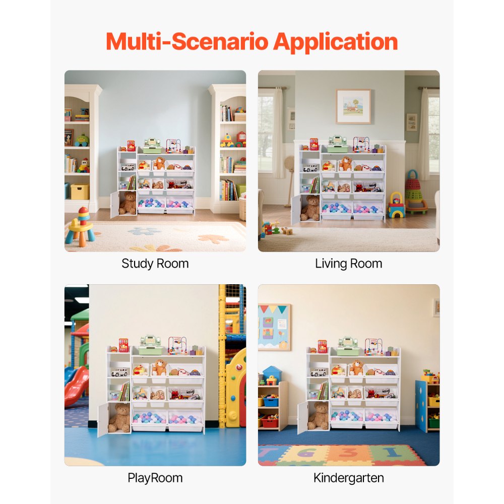 VEVOR Kids Toy Storage and Bookshelf, 4-Tier Toy Storage Organizer with 8 Flexible Plastic Bins, Kids Cubby Cabinet with Bookshelf for Study Room, Bedroom, Playroom, Classroom, Nursery, White