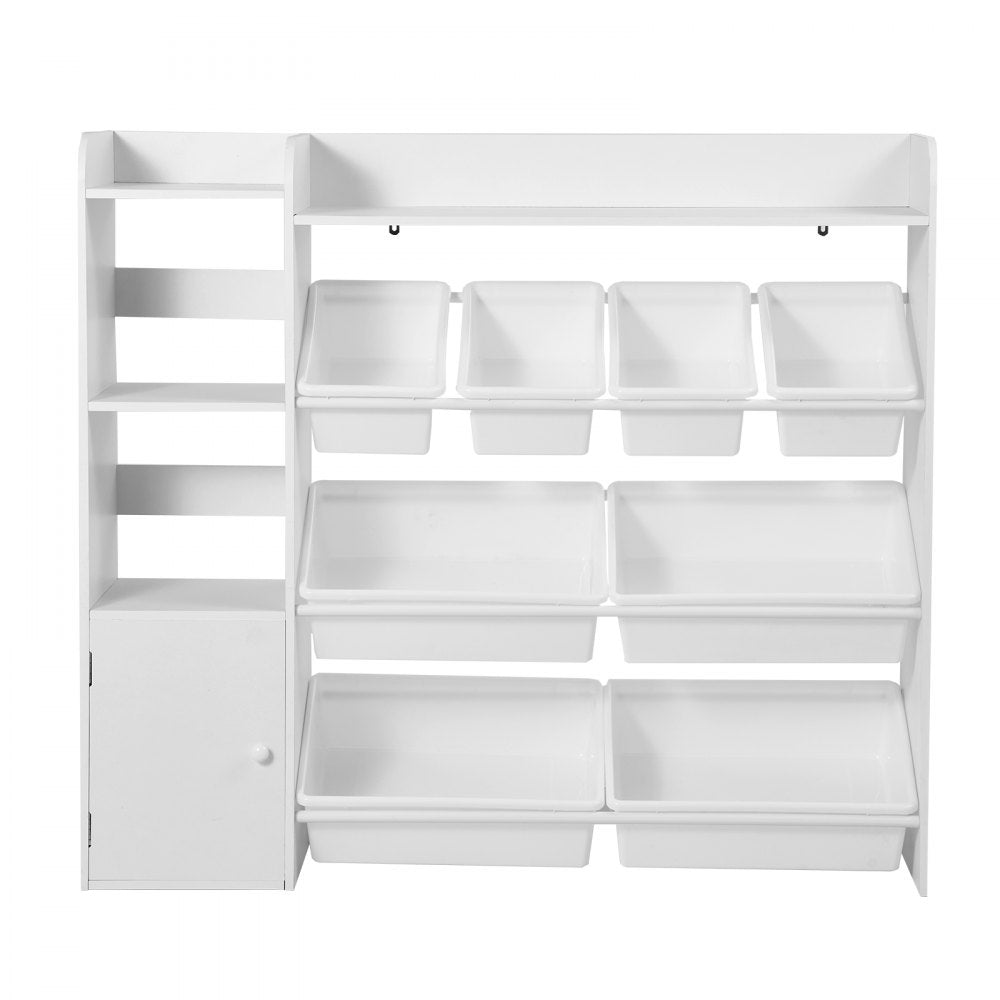 VEVOR Kids Toy Storage and Bookshelf, 4-Tier Toy Storage Organizer with 8 Flexible Plastic Bins, Kids Cubby Cabinet with Bookshelf for Study Room, Bedroom, Playroom, Classroom, Nursery, White