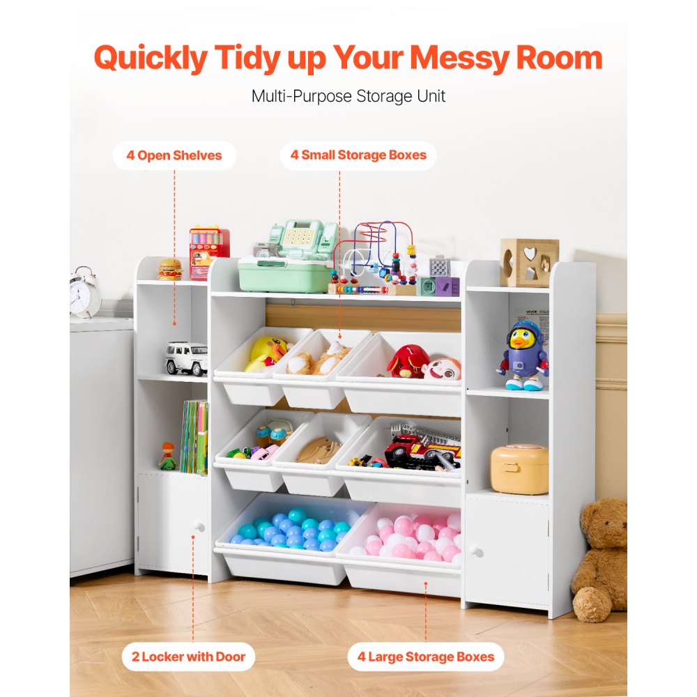 VEVOR Kids Toy Storage and Bookshelf, 4-Tier Large Toy Storage Organizer with 8 Flexible Plastic Bins, Kids Cubby Cabinet with Bookshelf for Study Room, Bedroom, Playroom, Classroom, Nursery, White