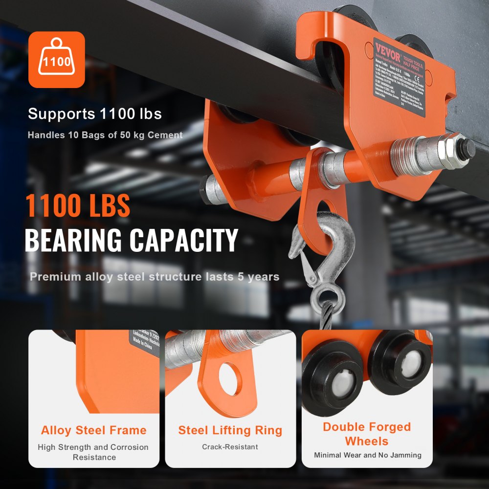 VEVOR Manual Trolley, 1100 lbs/0.5 Ton Load Capacity, Push Beam Trolley with Dual Wheels, Adjustable for I-Beam Flange Width 2.5" to 8", Heavy Duty Alloy Steel Garage Hoist for Straight Curved I Beam