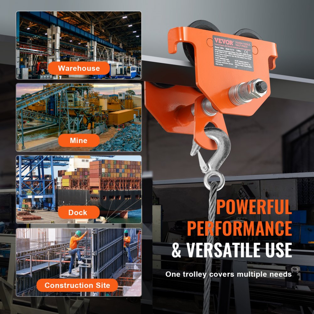 VEVOR Manual Trolley, 1100 lbs/0.5 Ton Load Capacity, Push Beam Trolley with Dual Wheels, Adjustable for I-Beam Flange Width 2.5" to 8", Heavy Duty Alloy Steel Garage Hoist for Straight Curved I Beam