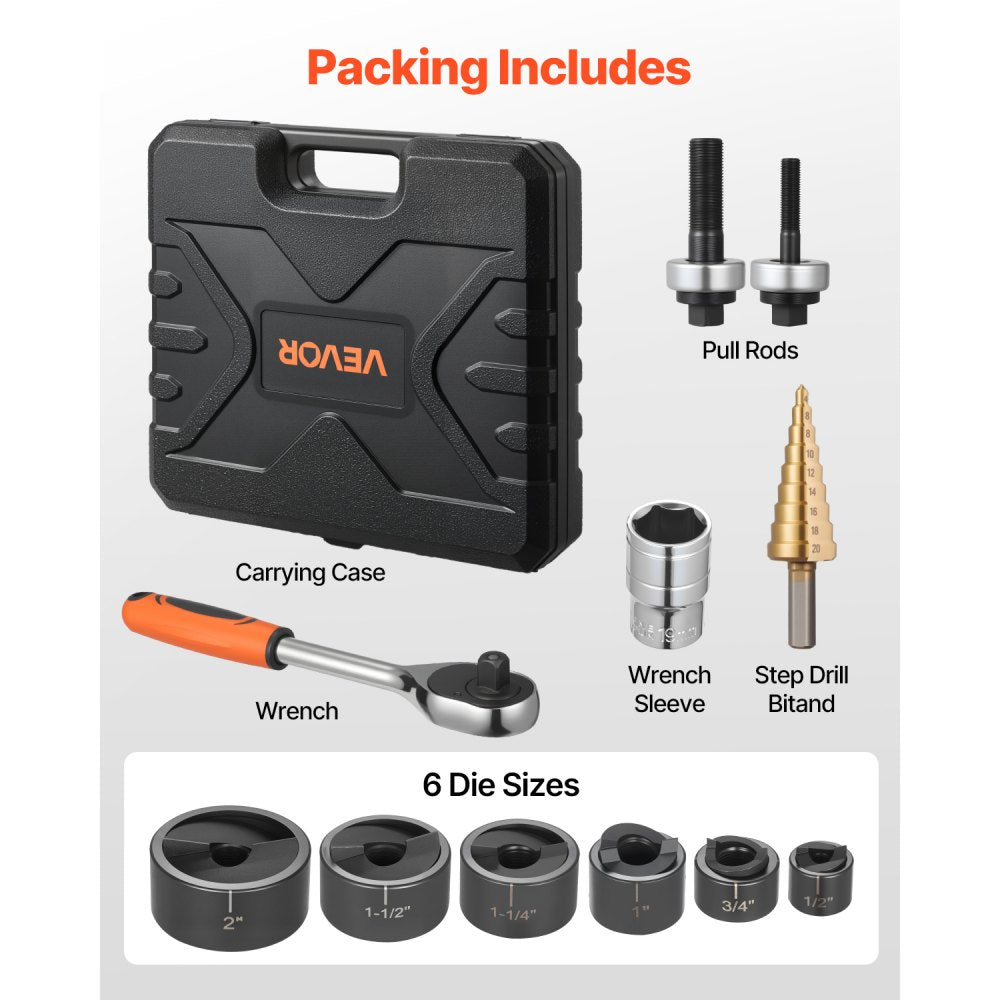 VEVOR Knockout Punch Set, 1/2 to 2 inch SLUG-Buster Ratchet Knockout Set, Ratchet Wrench Knockouts Punch Sets for Aluminum, Mild steel, Fiberglass, Plastics, 6 Die Sizes, 40Cr Steel Ko Tool Kit