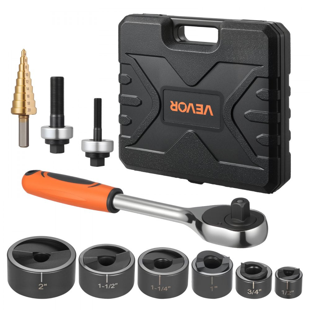 VEVOR Knockout Punch Set, 1/2 to 2 inch SLUG-Buster Ratchet Knockout Set, Ratchet Wrench Knockouts Punch Sets for Aluminum, Mild steel, Fiberglass, Plastics, 6 Die Sizes, 40Cr Steel Ko Tool Kit