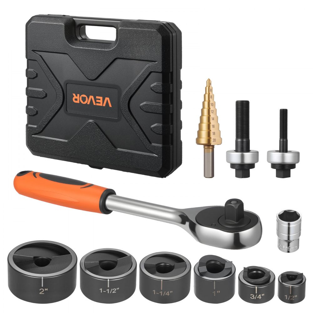 VEVOR Knockout Punch Set, 1/2 to 2 inch SLUG-Buster Ratchet Knockout Set, Ratchet Wrench Knockouts Punch Sets for Aluminum, Mild steel, Fiberglass, Plastics, 6 Die Sizes, 40Cr Steel Ko Tool Kit