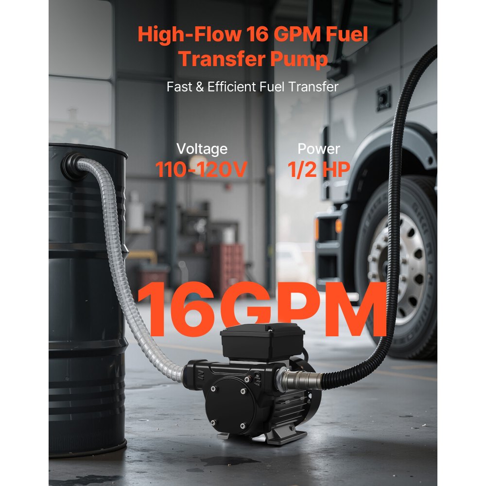 VEVOR Fuel Transfer Pump 110V, 16 GPM 60 L/min, AC Electric Oil Transfer Pump for Diesel Kerosene Biodiesel, with Auto Fuel Nozzle & 2 Hoses, 45 ft/13.7 m Max Lift, for Vehicles, Construction Sites