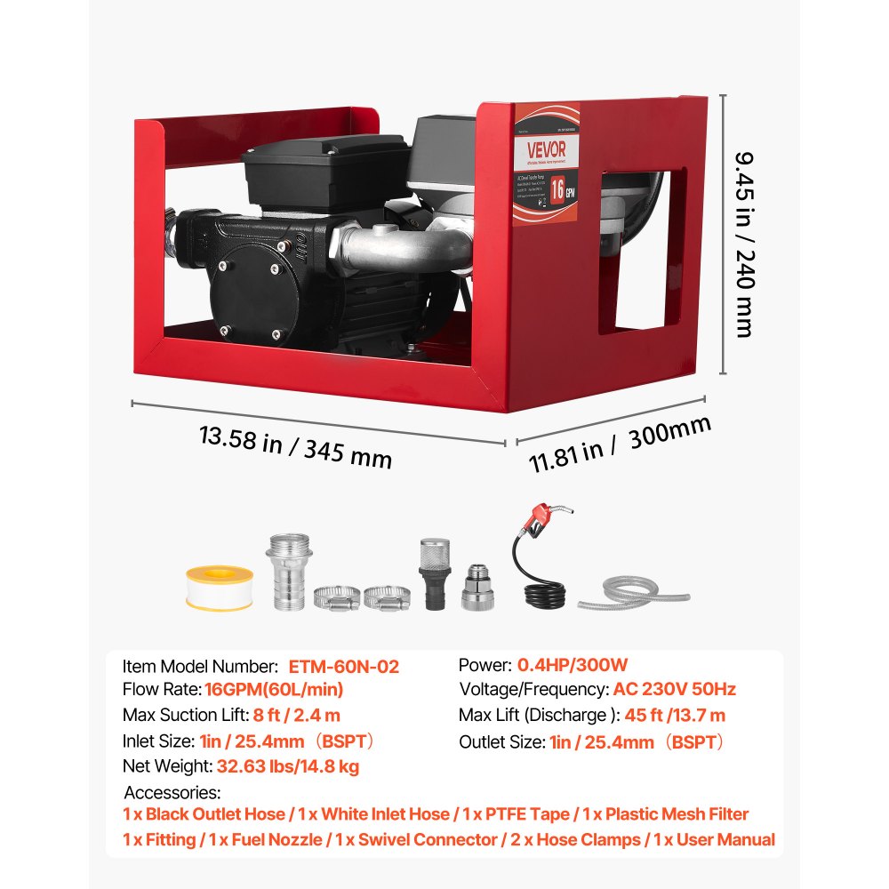 VEVOR Fuel Transfer Pump 110V, 16 GPM 60 L/min, AC Electric Oil Transfer Pump for Diesel Kerosene Biodiesel, with Meter, Auto Fuel Nozzle & 2 Hoses, 45 ft/13.7 m Lift, for Vehicles, Construction Sites