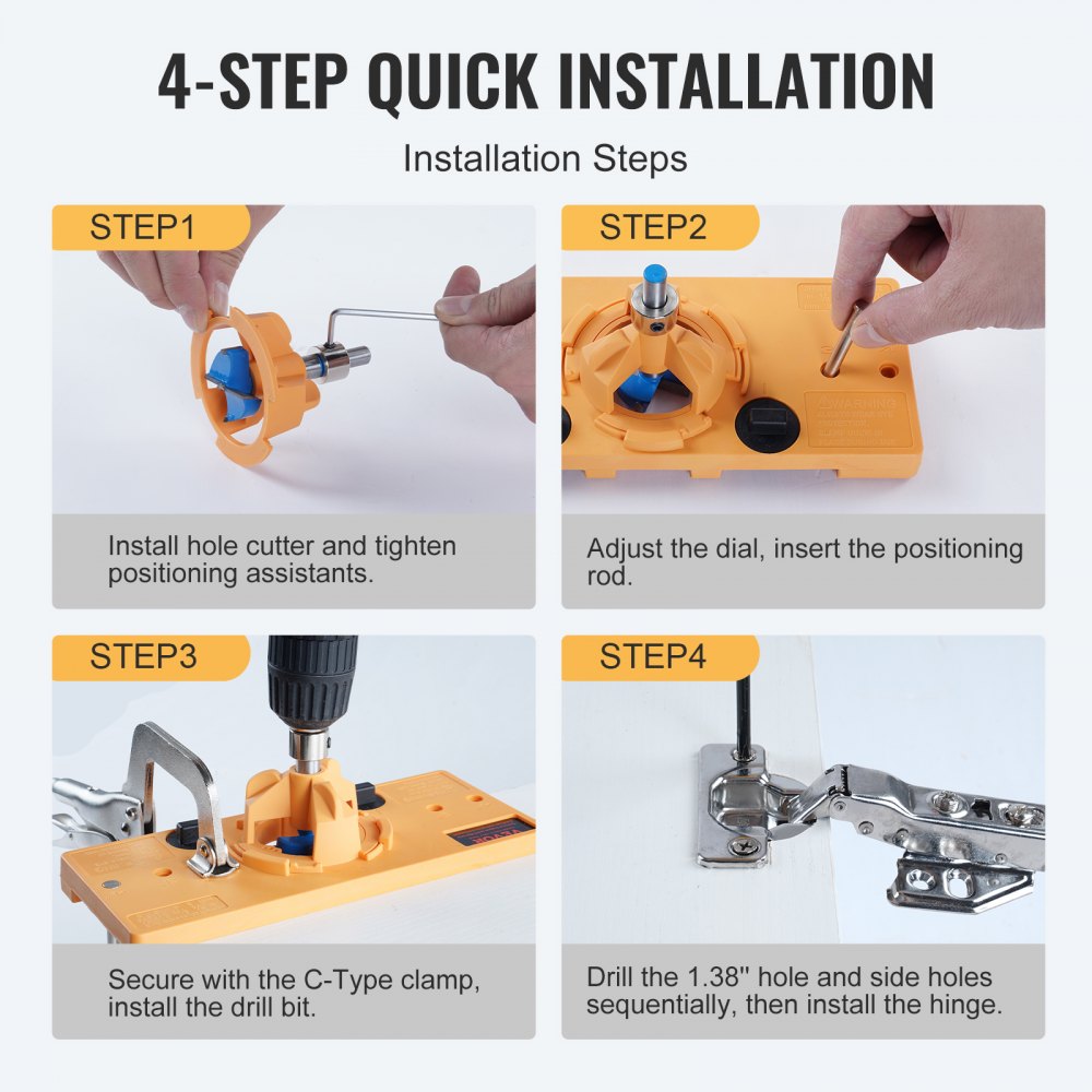 VEVOR Concealed Hinge Jig, Cabinet Hinge Jig with C-Type Clamp and Accessories, PA66 Nylon and Steel Material, Accurate Hinge Drill Jig Woodworking Tool for Doors Cabinets Hinges Mounting