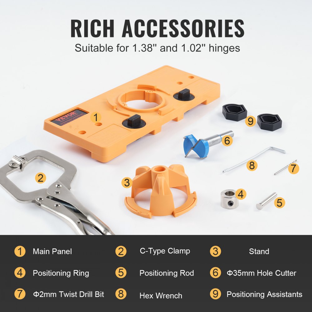 VEVOR Concealed Hinge Jig, Cabinet Hinge Jig with C-Type Clamp and Accessories, PA66 Nylon and Steel Material, Accurate Hinge Drill Jig Woodworking Tool for Doors Cabinets Hinges Mounting