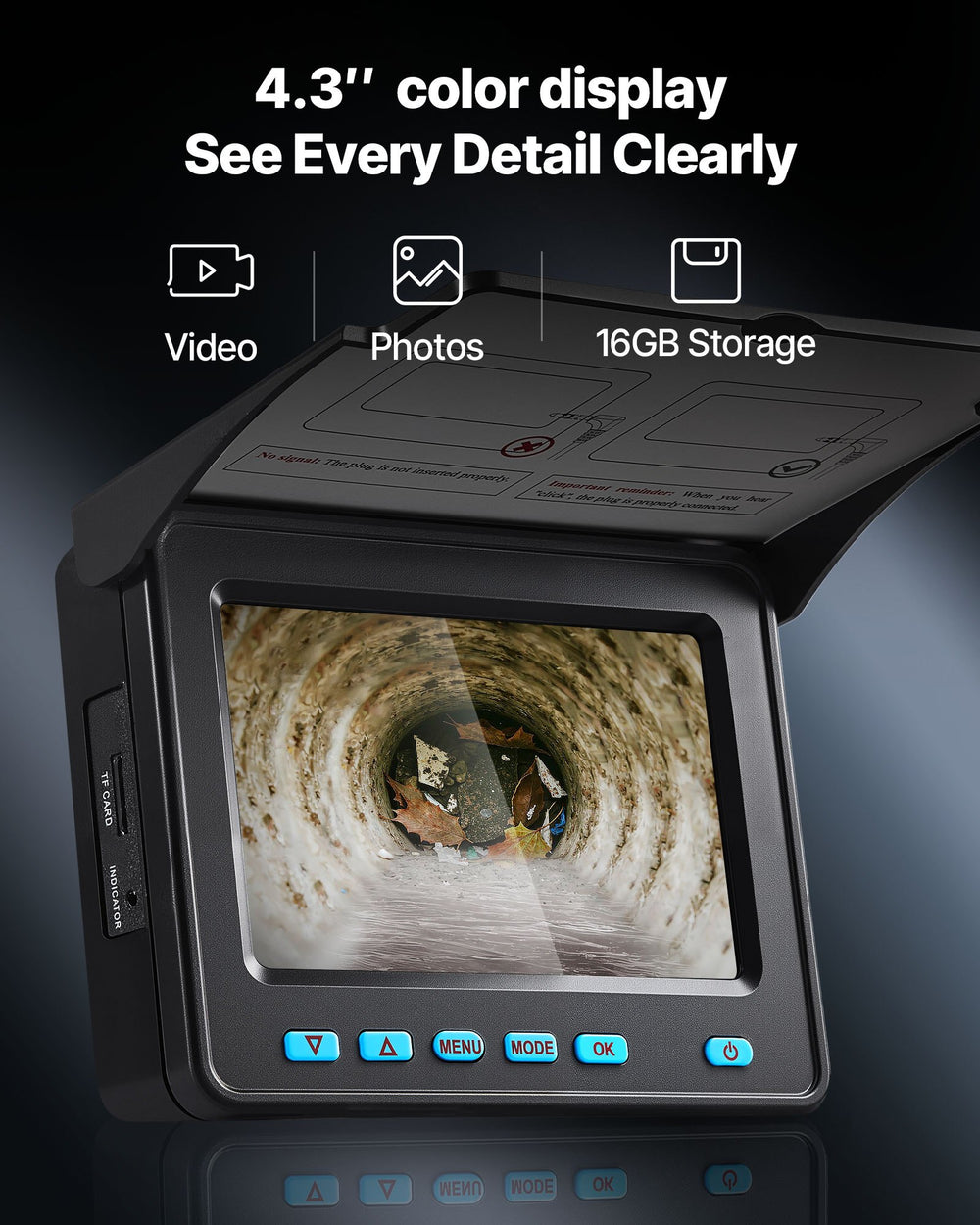 VEVOR Sewer Camera, 66 ft/20m, 4.3" Drain Inspection Camera, IP68 Waterproof Snake Plumbing Camera with Lights - 6 Adjustable LEDs, 4500mAh Battery & 16GB Card for Sewer Line Duct Pipes