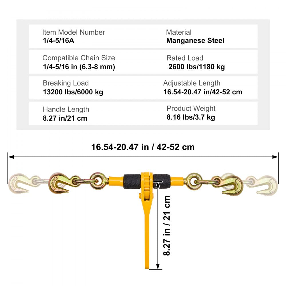 VEVOR Ratchet Chain Binders, 1/4"-5/16", 2600 lbs Safe Working Load, 2 Pack Load Binder with 2 Grab Hooks, Tie Downs for Transport Chain, Heavy Duty Tow Chain Ratchet Binders for Flatbed Truck Trailer